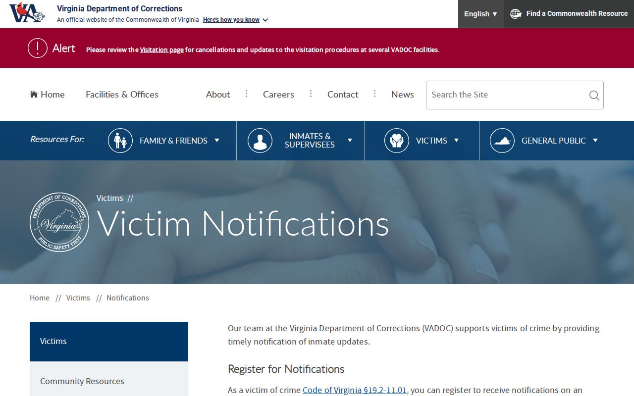 Buckingham Correctional Center release notifications through VADOC NAAVI
