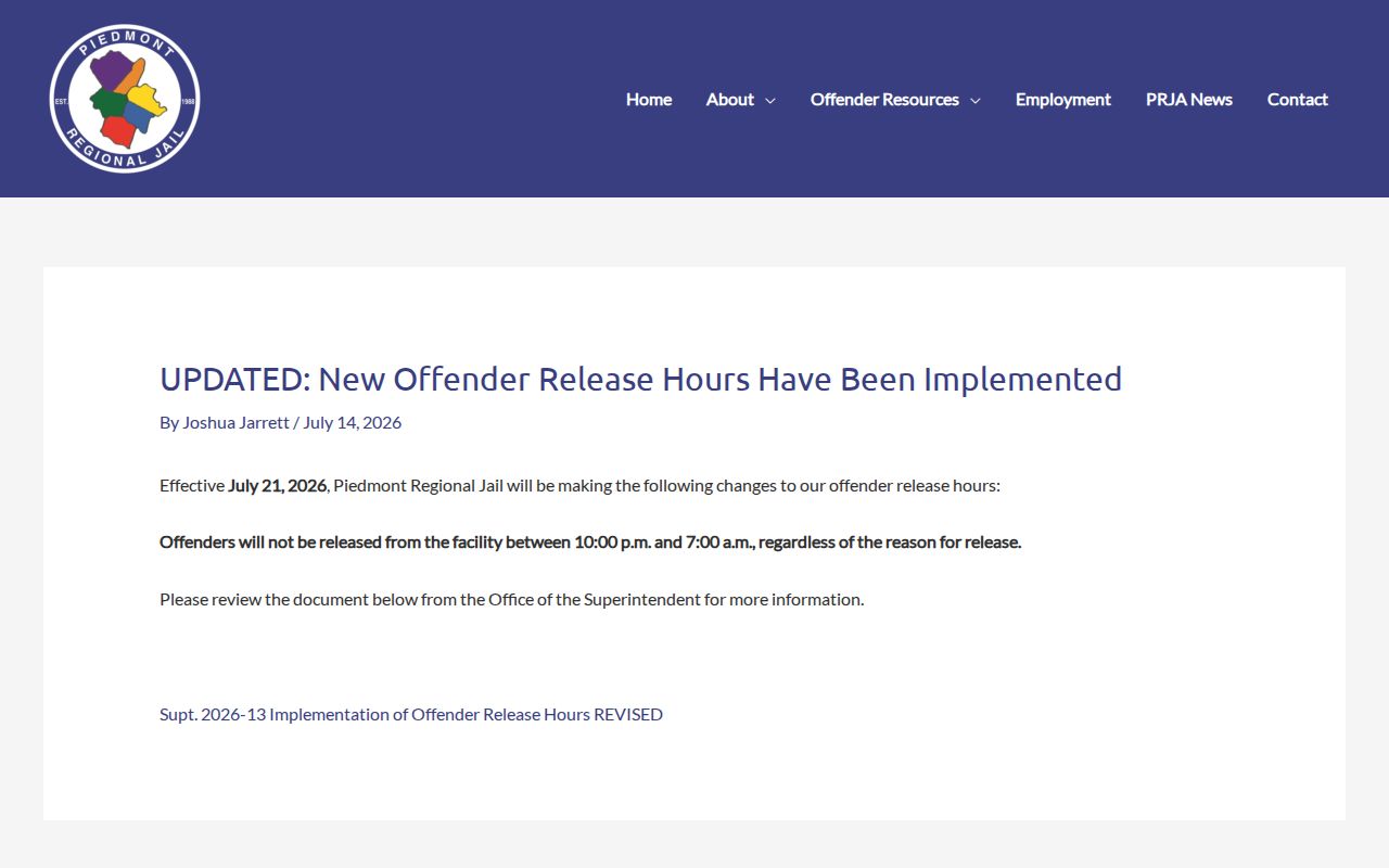 Buckingham County same-day release hours announcement from Piedmont Regional Jail