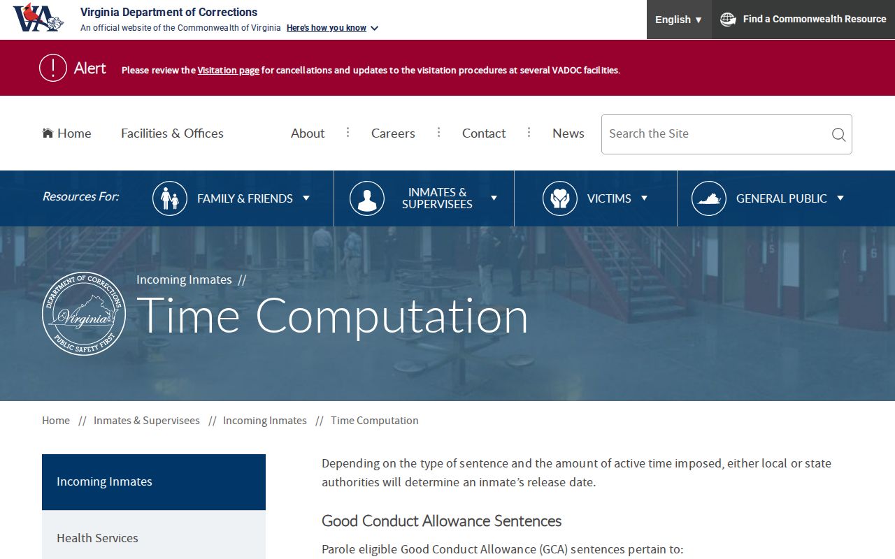 Buckingham County projected release date time computation through VADOC